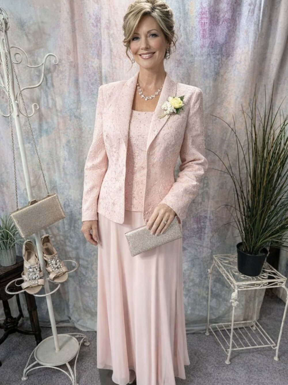 NEW📌Jeanne Alexander  Mother-of-the Bride 2-Pcs Icy Pink Evening Dress & Jacket